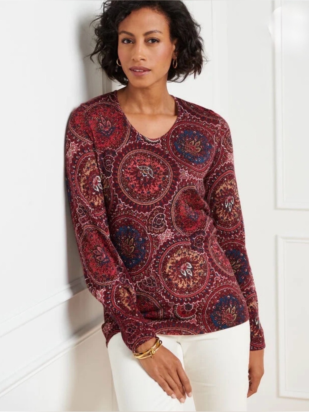 Talbots Pure Merino Wool Pullover Circle Paisley Floral Shiraz Size Medium